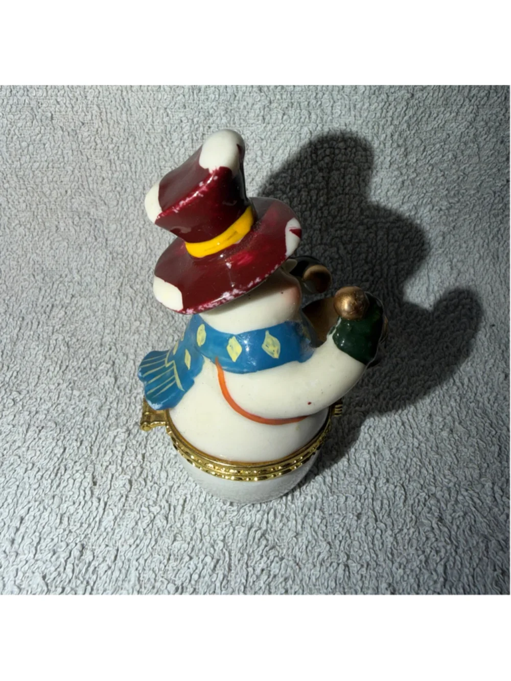 Vintage Small Hinged Trinket Box Christmas Drumming Snowman Porcelain